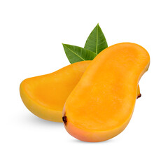 Mango sliced with leaves isolated on white background
