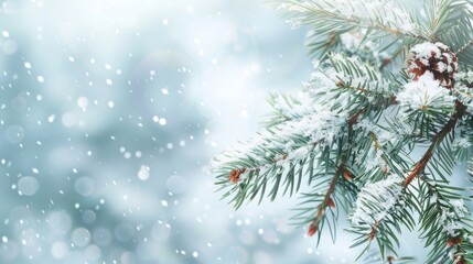 Snow covered pine branch holiday backdrop with empty space for text High quality image
