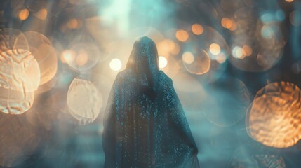 196. Poncho, movie style, pastel colors, metallic pattern, wide shot, soft light, bokeh, fog,