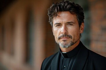 Fototapeta premium A mature man with salt-and-pepper hair and a beard, dressed in a traditional clerical black shirt with a white collar, standing outside in front of a brick building with an intense and contemplative