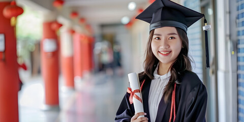 Asian Female College Graduate in Academic Attire. Celebrating Graduation with a Bachelor's and Doctoral Gown. Capturing the Pride and Achievement of Academic Success in Traditional Graduation Clothing