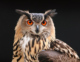 Obraz premium Close-up portrait of an owl with striking orange eyes and intricate feather patterns