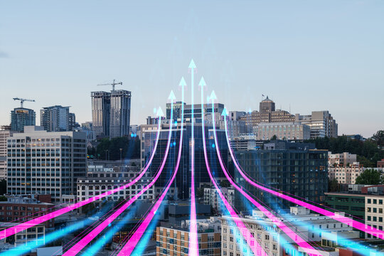 Digital arrows pointing upwards over urban cityscape background. - Powered by Adobe