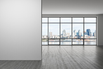 Fototapeta premium Empty modern interior space with large windows and city view. 3D Rendering