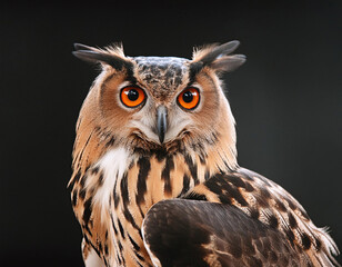 Obraz premium A majestic owl with piercing orange eyes, feathered ear tufts, and intricate plumage
