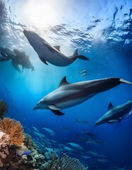 Obraz premium Dolphins, whales, and other sea creatures in their natural settings