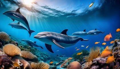 Fototapeta premium Dolphins, whales, and other sea creatures in their natural settings