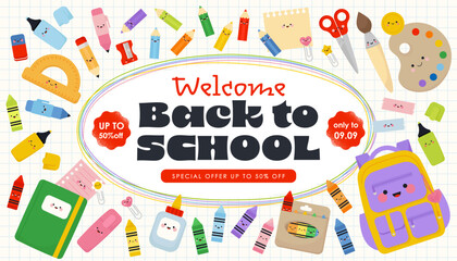 Back to School banner with school supplies. Cute Vector illustration in Flat kawaii style