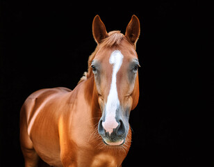 Obraz premium Chestnut horse, black bridle, star marking, dark background, portrait