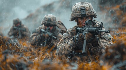 A group of military personnel wearing camouflage uniforms and helmets, armed with rifles, crawling through a misty and rainy forest, showcasing the intensity of their mission