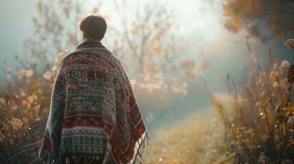 196. Poncho, movie style, pastel colors, metallic pattern, wide shot, soft light, bokeh, fog,