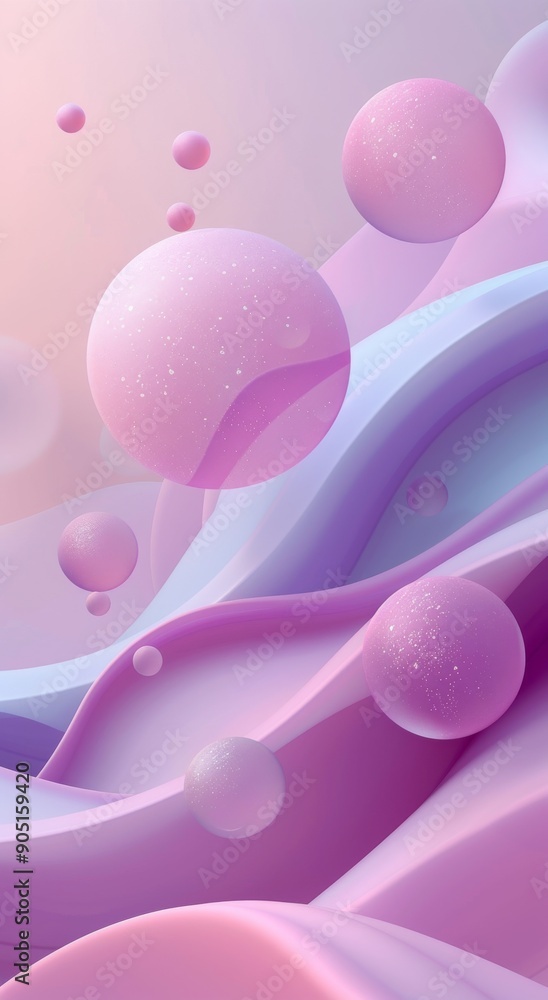 Poster abstract pastel shapes with floating spheres in a minimalistic and soothing composition