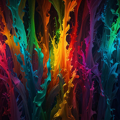 A vibrant, multi-colored, rainbow acrylic painting that resembles splashes of paint.