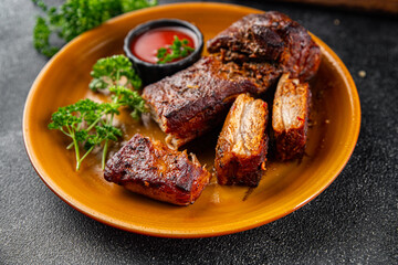 pork ribs fried meat grilled barbecue tasty fresh meal food snack on the table copy space food background rustic top view
