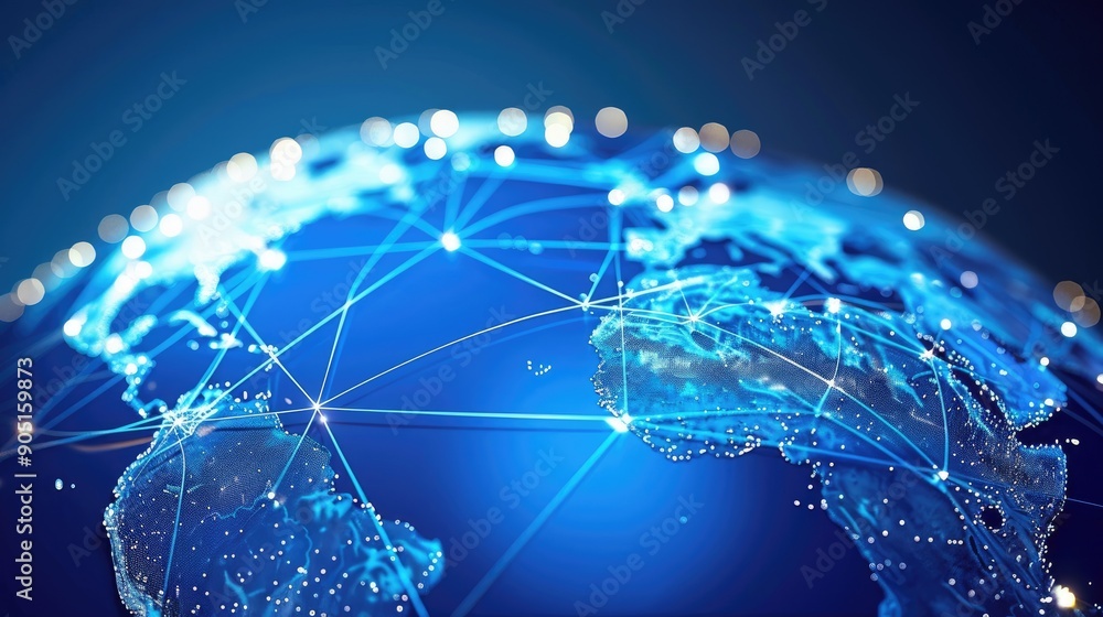 Poster globe with a blue connection network, shining across continents to represent global communication.