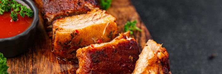 pork ribs fried meat grilled barbecue tasty fresh meal food snack on the table copy space food background rustic top view