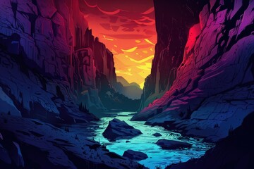 Vibrant canyon landscape with river flowing through the center