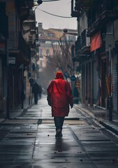 Person in Red Walking on a Rainy Street in the City