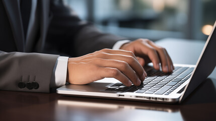 close-up of male hands of businessman pressing on laptop keyboard freelancer technology finance and business