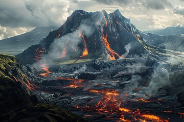 Erupting Volcano with Lava Flow and Smoke