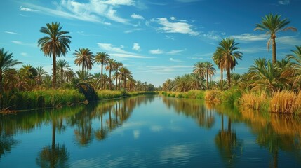 A stunning oasis scene featuring calm waters reflecting lush palm trees under a clear blue sky, creating a tranquil and picturesque landscape