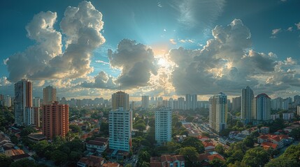 Obraz premium A breathtaking cityscape view captured during a sunny day with dramatic cloud formations and rays of sunlight breaking through the clouds, illuminating the urban skyline and residential buildings