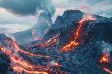 Fototapeta premium Erupting Volcano with Lava Flowing Down Mountainside