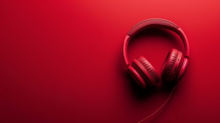 A pair of red headphones on a red background.