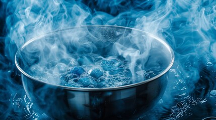 Boiling pot with steam and blue lighting