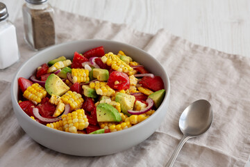 Healthy Fresh Corn Salad in a Bowl, side view.