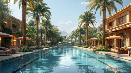 swimming pool in hotel and palm trees