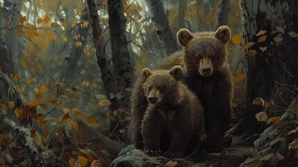 Fototapeta premium Young bear cubs in the forest