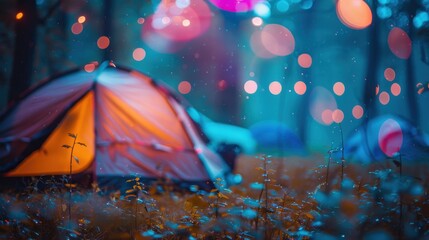 199. Camping in Drizzle, movie style, neon colors, abstract shapes, high angle, ambient light, bokeh, shadows,
