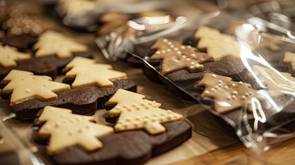 Carefully packaging Christmas cutout cookies half dipped in chocolate and presented in clear cellophane wrapping perfect for festive gifting