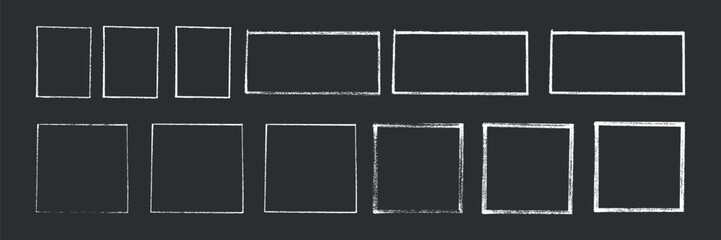 Chalk or crayon hand drawing frames set. Grunge rectangle and square shape. Vector stock illustration isolated on black background for design template social media files, print and photo materials