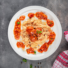 couscous with meat balls vegetable sauce tasty fresh meal food snack on the table copy space food background rustic top view keto or paleo diet