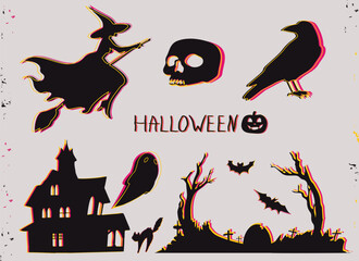 Halloween set. Silhouettes of classic scary characters and decorations. Neon outline. Vector flat objects.