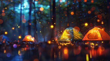 199. Camping in Drizzle, movie style, neon colors, abstract shapes, high angle, ambient light, bokeh, shadows,