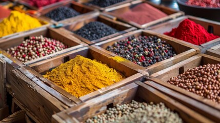 Fototapeta premium Assorted spices in wooden boxes at a market