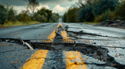 Destroyed asphalt road earthquake consequences