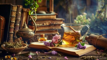 Fototapeta premium Herbal tea in a glass cup with antique books