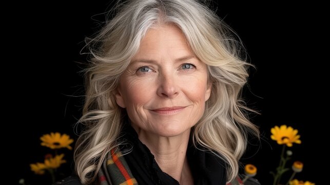 A serene portrait of a confident older woman with elegant gray hair, captured in natural light, with a backdrop of vibrant yellow flowers against a dark background