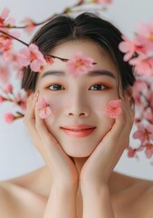 Fototapeta premium Beautiful Asian Woman with Flowers on Face