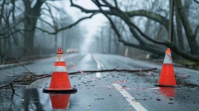 Two traffic cones are used to warn traffic of road closure due to uprooted trees and dangerous overhead power cables lying in road after high winds
