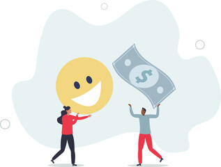 Money can buy happiness, philosophy or life success dilemma, financial goal vs work life balance and enjoy life concept.flat design.illustration with people.