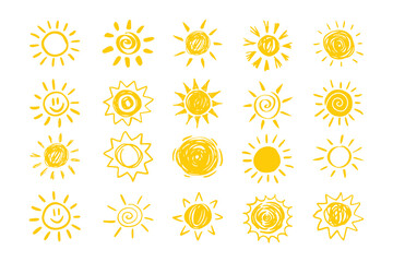 Set of yellow suns in Flat design isolated white background. funny icons sun doodle. Modern simple flat sunlight sign. 