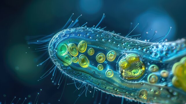 Lepocinclis acus or euglena acus a single cell flagellate eukaryote under the microscope