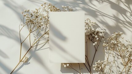 Wedding invitation card mockup with dry gypsophila blank card with botanical decoration