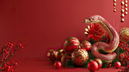 Naklejka premium Snake with Christmas decorations and holiday decor. Symbol of Chinese New Year 2025.