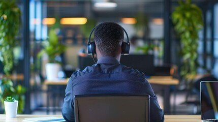 Consultant back view of black man with headset and laptop at his desk for support Telemarketing or customer service online communication or networking and African male call center agent at work